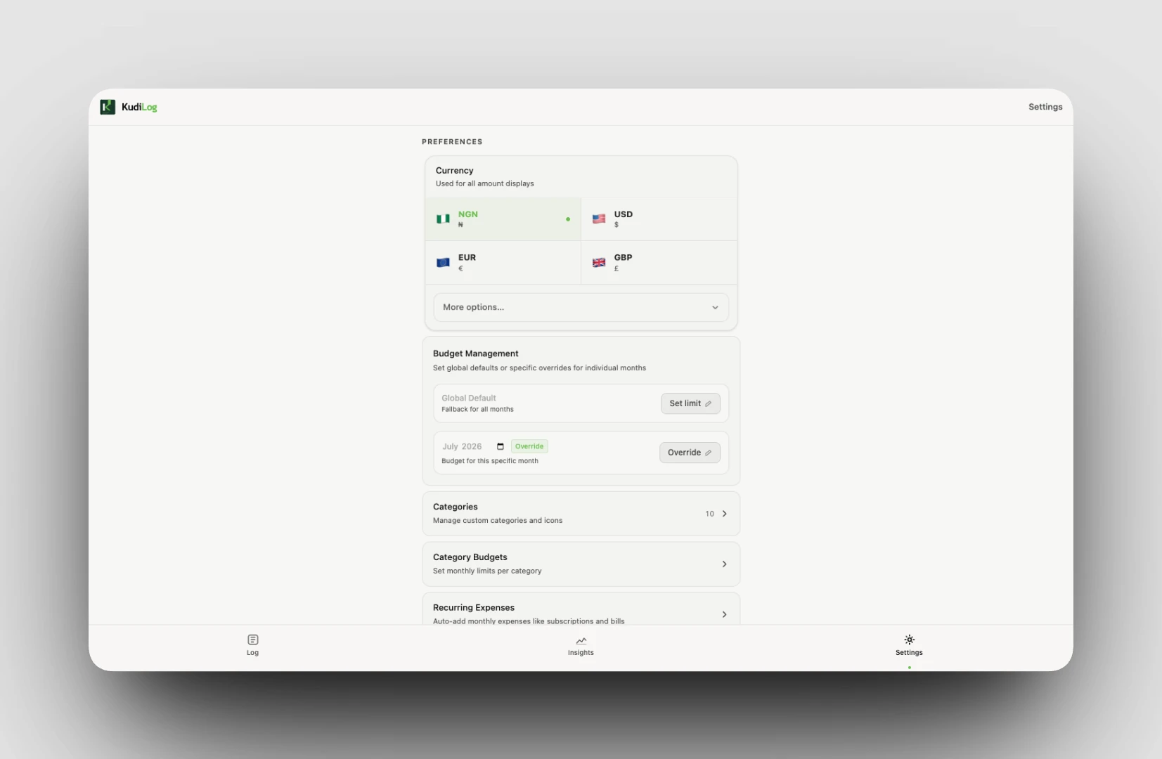 Settings, data portability, and offline-first controls