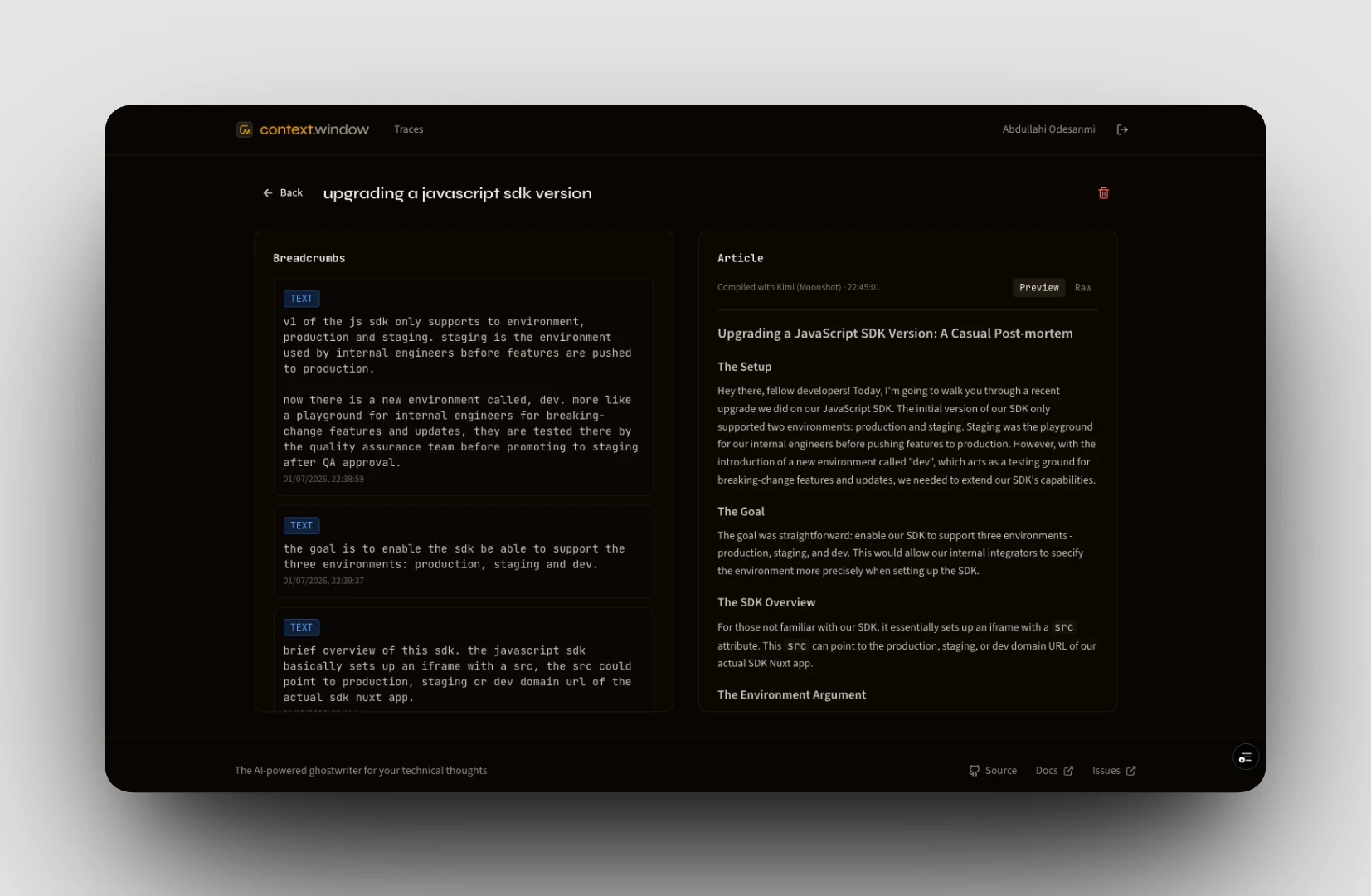 Compilation workflow for turning engineering context into an article
