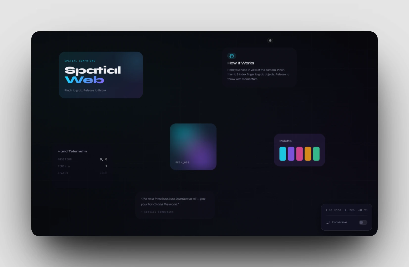 Gesture-controlled spatial canvas with draggable interface objects