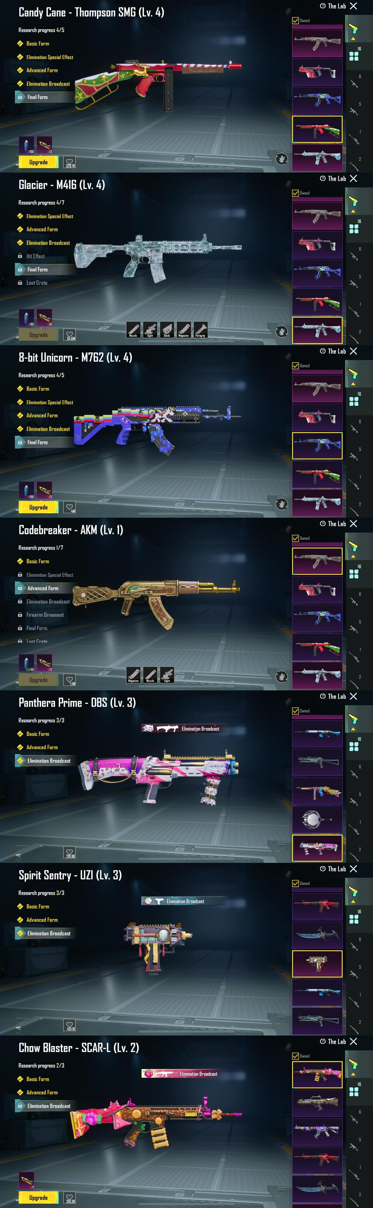 Level 76 🔹 51+ Mythics 🔹 Extra Mythics 🔹 16 Gun Labs 🔹 M416 Glacier L4 🔹 M762 L4 🔹 AKM Code Breaker L1 🔹 CandyCan Thompson L4 🔹 UZI L3 🔹 SLR L1 🔹 P210