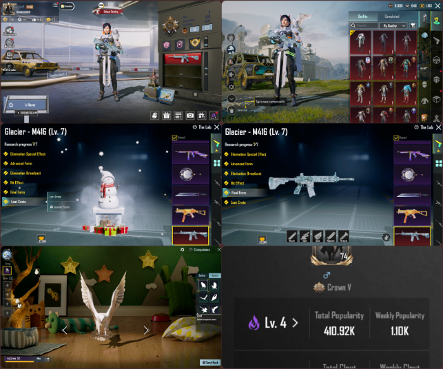 M416 Glacier Max ❄️ Loot Crate 📦 Field Commander 🪖 Charged Armor ⚡ + Many Extra Mythic Sets 💎 Extra Car Skins 🚗 18 Royal Pass Maxed 🎟️ Extra Helmets 🪖 Bac
