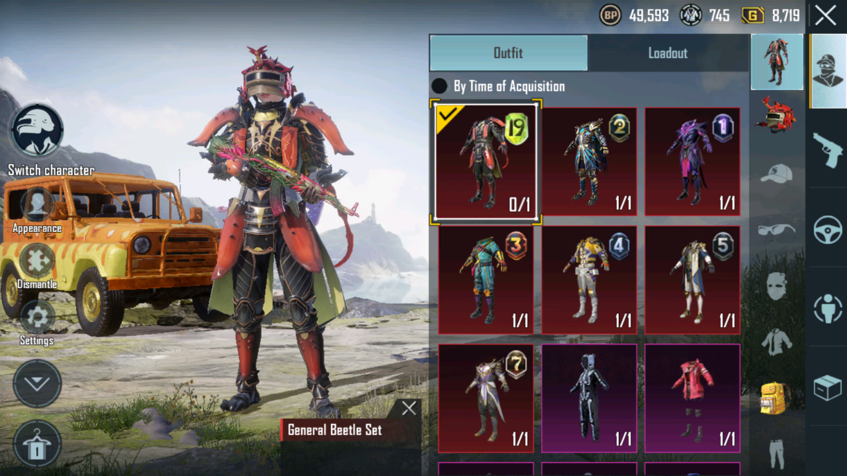 #P614 [Android] Lvl 56|90 UC|4 Title|Title Perfectionist|Royal Pass S19M123457 Max M9 On (7 RP Max 1 On)|7 Mytic Costume Set|Mk47 Blossom|57 Costume|Asia