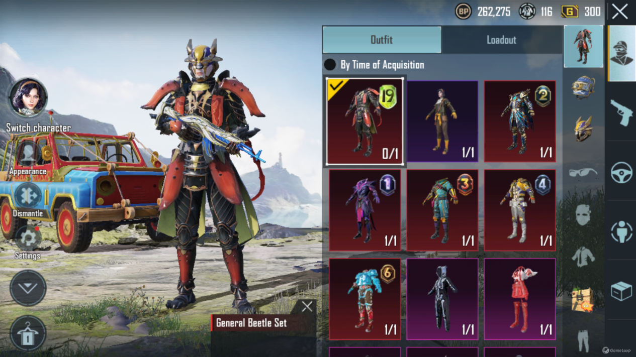 #P483 [Android] Lvl 53|2 Title|Royal Pass S19M12346 Max M57 On|6 Mytic Costume Set|Rare M762 Templar|26 Weapon Skins|10 Helmet & Backpack|62 Costume|Asia
