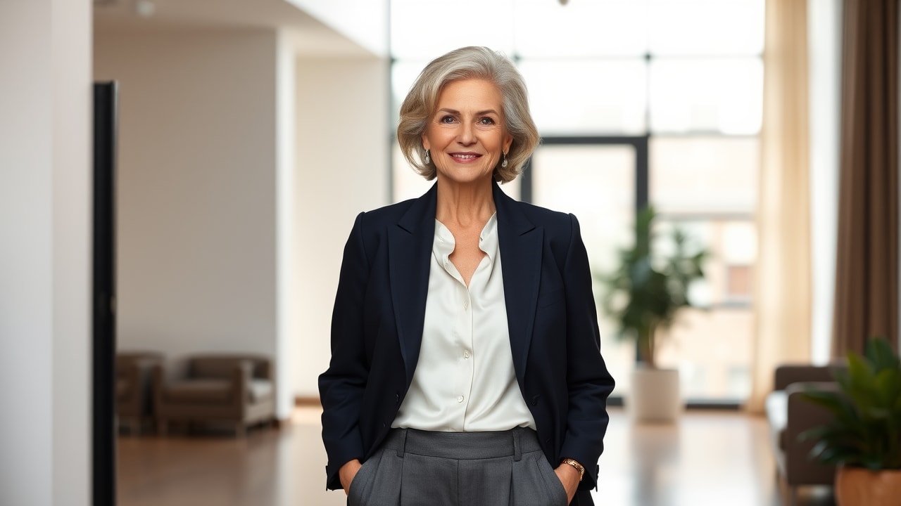 Stylish mature woman in timeless elegant everyday outfit