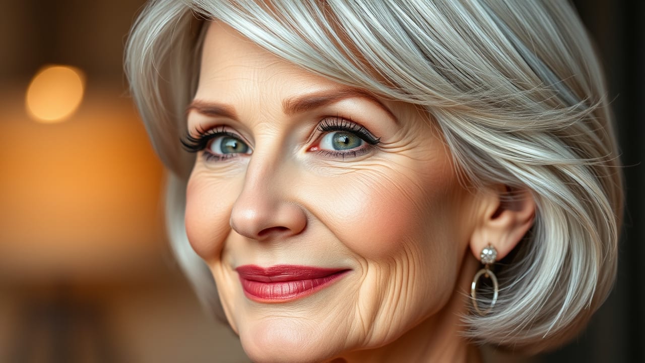Beautiful woman over 60 applying subtle makeup for a timeless elegant look