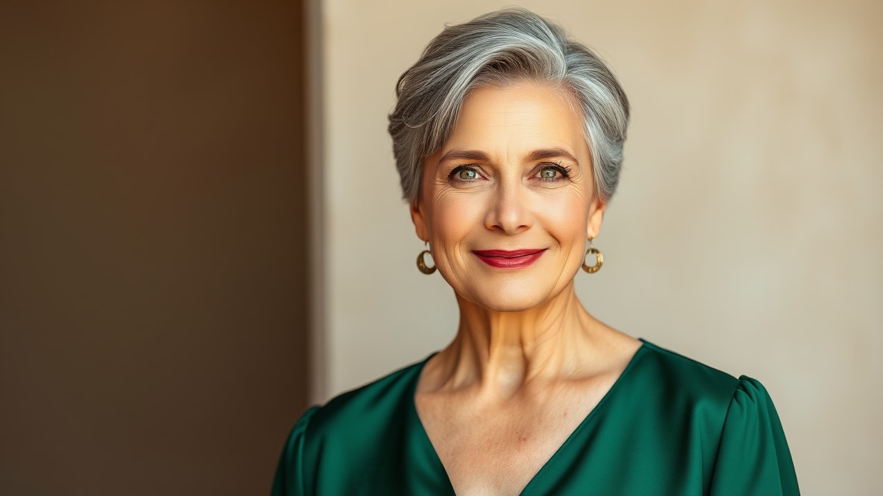 Elegant woman over 60 wearing colors from her perfect seasonal palette