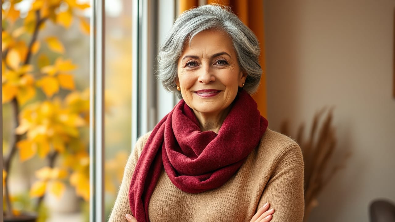 Fashionable woman over 60 in versatile seasonal outfit suitable for any weather