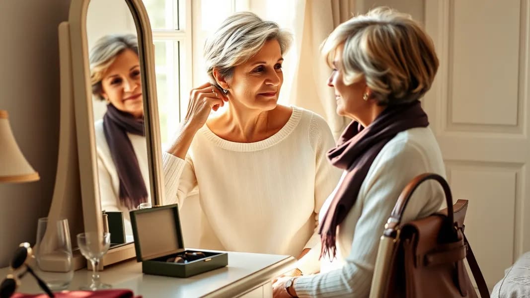 Elegant accessories including jewelry scarves and handbags for mature women