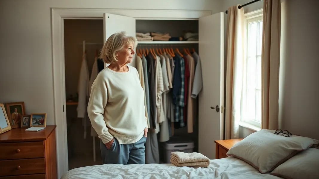 Organized wardrobe closet with curated classic pieces for women over 60