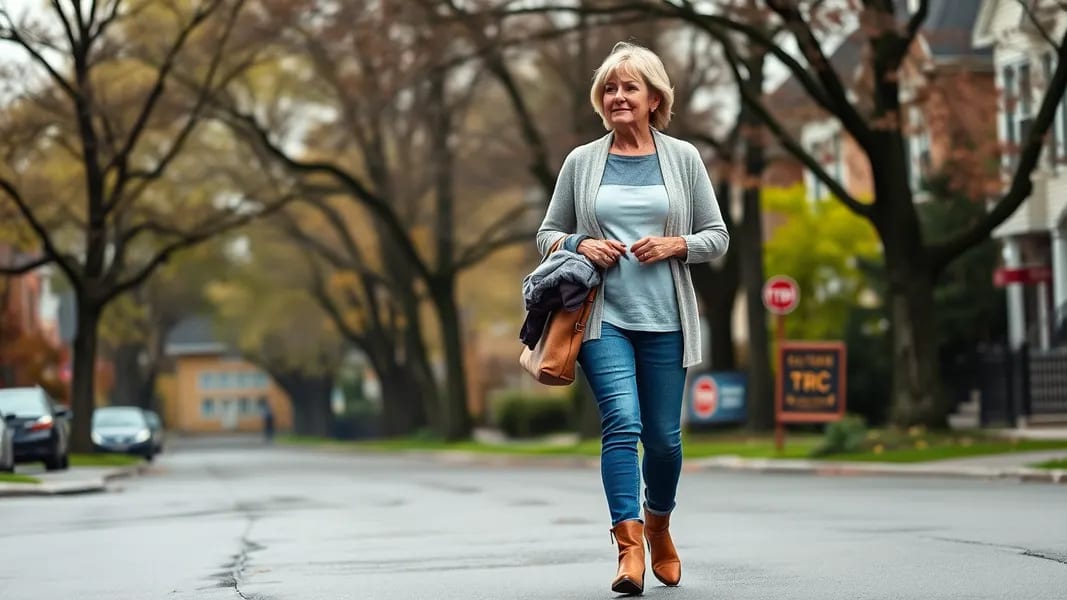 Woman over 60 in transitional spring fall outfit for Canadian weather