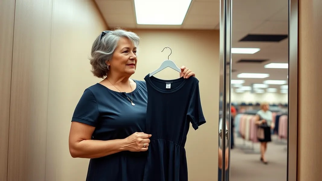 Elegant mature woman trying on a flattering dress in a fitting room