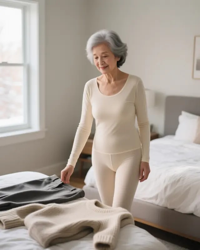 Woman over 60 wearing invisible thermal underwear in Canadian bedroom