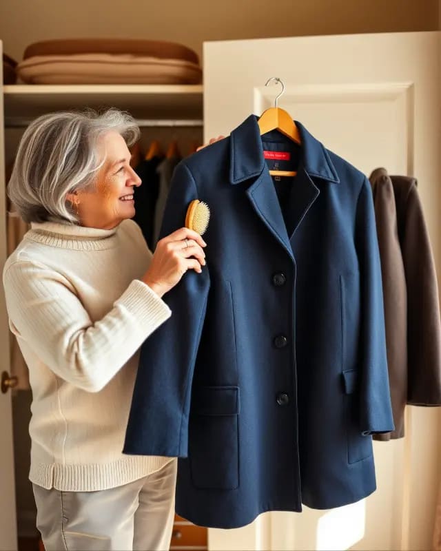 Woman over 60 brushing wool coat with proper care routine