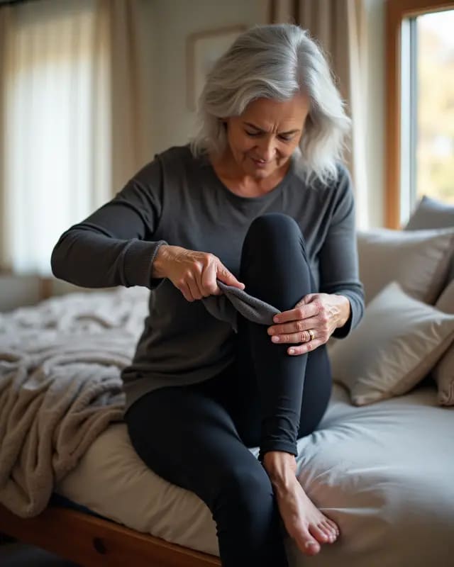 Woman putting on fleece-lined leggings on cold winter morning