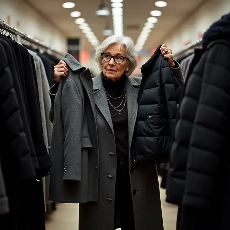 Woman comparing long wool coat versus short puffer jacket while shopping