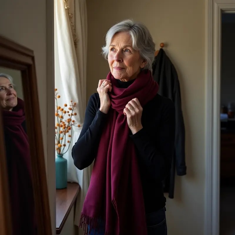 Woman wrapping silk scarf around neck as winter layering base
