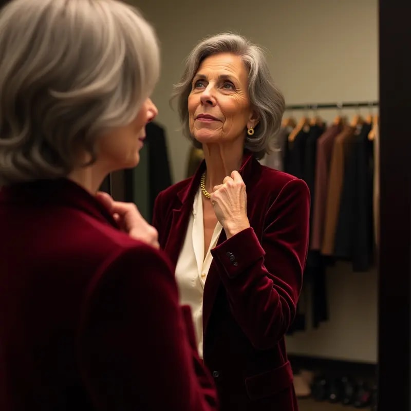 Woman trying on burgundy velvet blazer in boutique dressing room