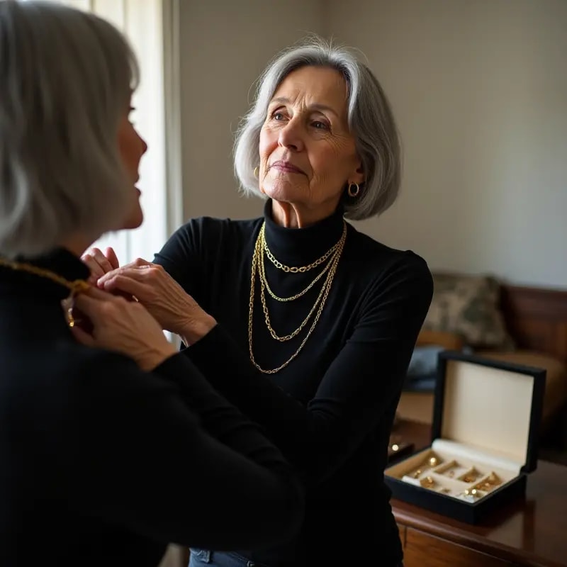 Woman fastening layered gold necklaces at bedroom mirror routine