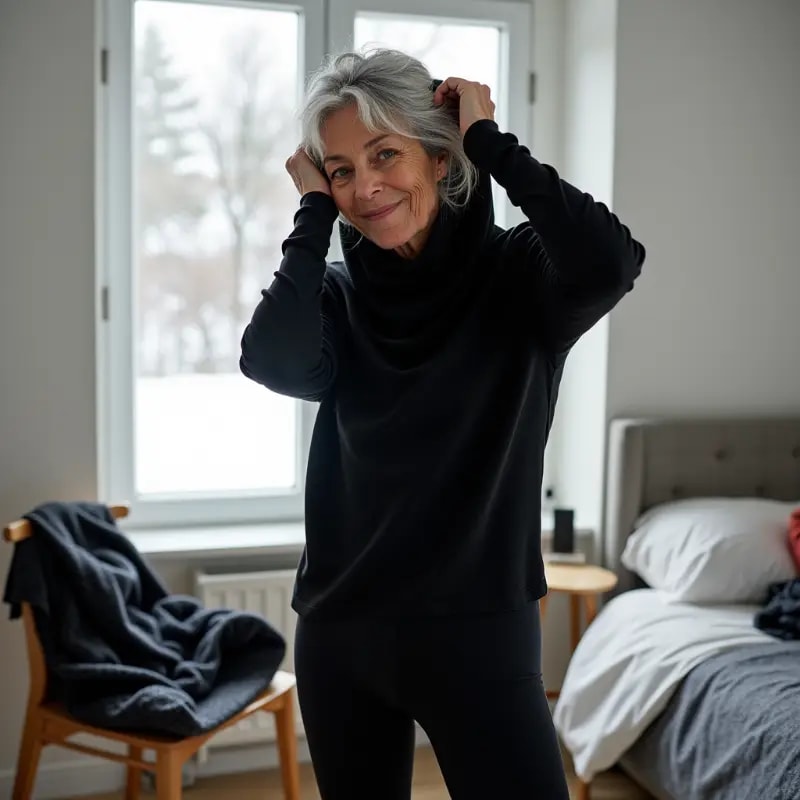 Woman putting on merino wool base layer top winter morning routine