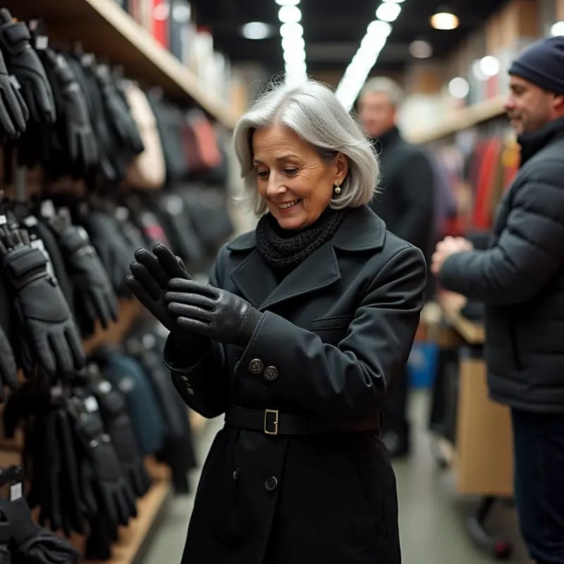 Woman trying on insulated winter gloves testing fit in store