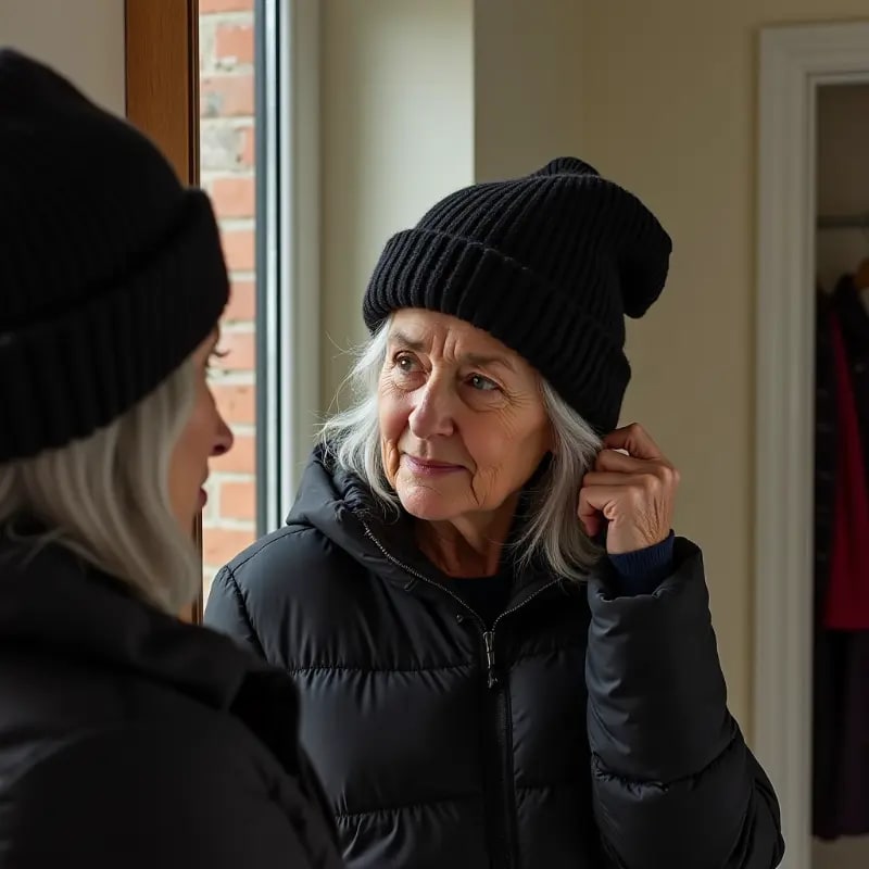 Woman removing winter hat checking for hat hair in mirror