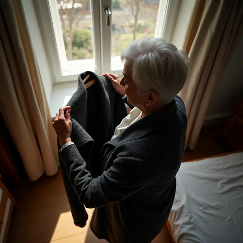 Overhead view woman inspecting wool coat quality in natural window light