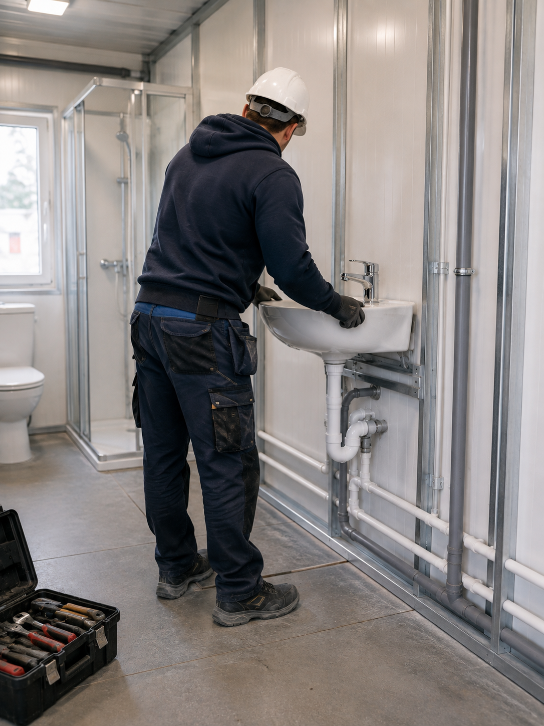 Plumber at a modular container factory