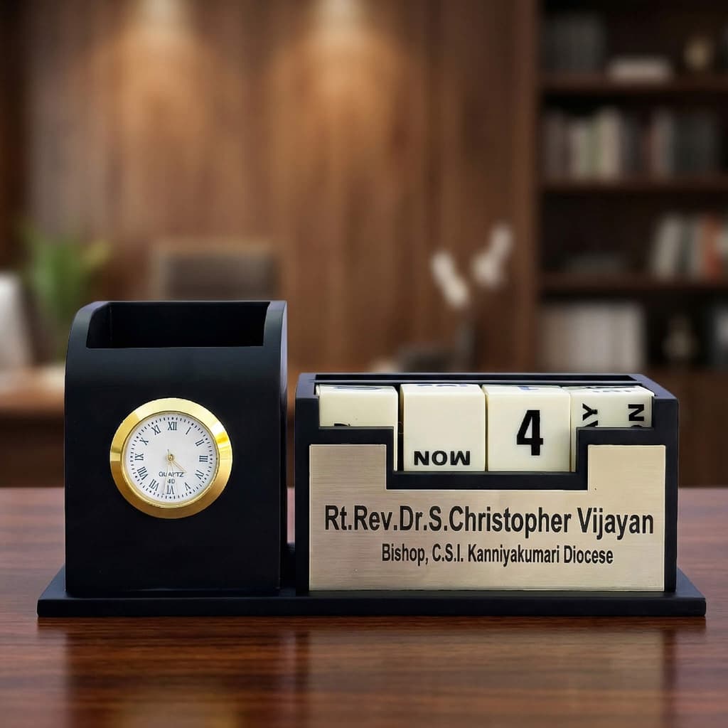 Premium Personalized Desk Calendar with Analog Clock