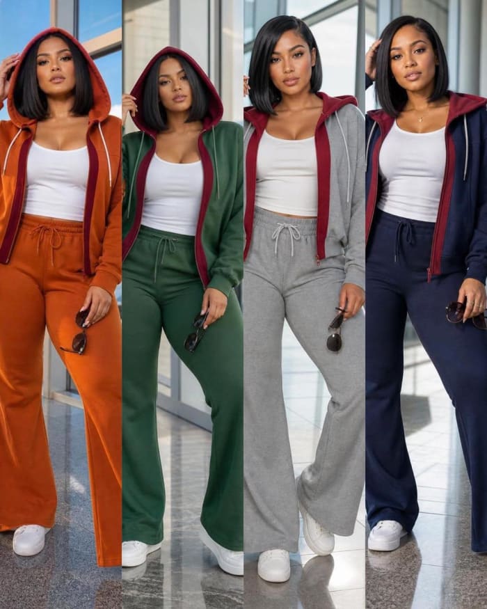## **Titre** ### **Ensemble Casual Chic bicolore : Sweat zippé à capuche et pantalon large**