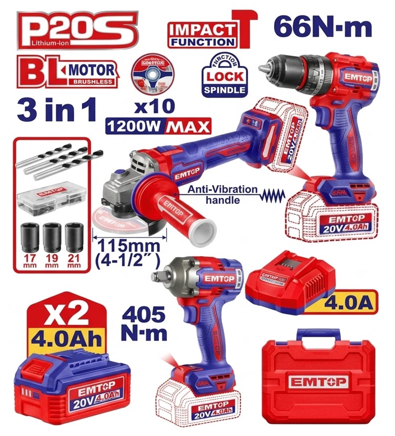 COMBO TALADRO 66NM + AMOLADORA + LLAVE DE IMPACTO 405NM + 2 BAT 4.0AH + CARG ECKL2026221 EMTOP