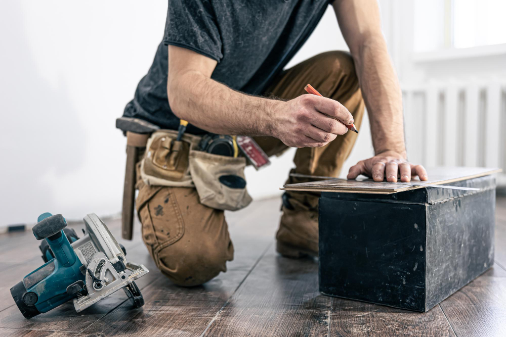contractor measuring a floor board