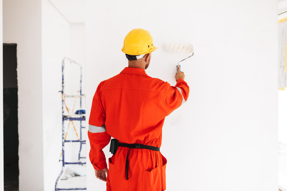 Man in hardhat painting a wall