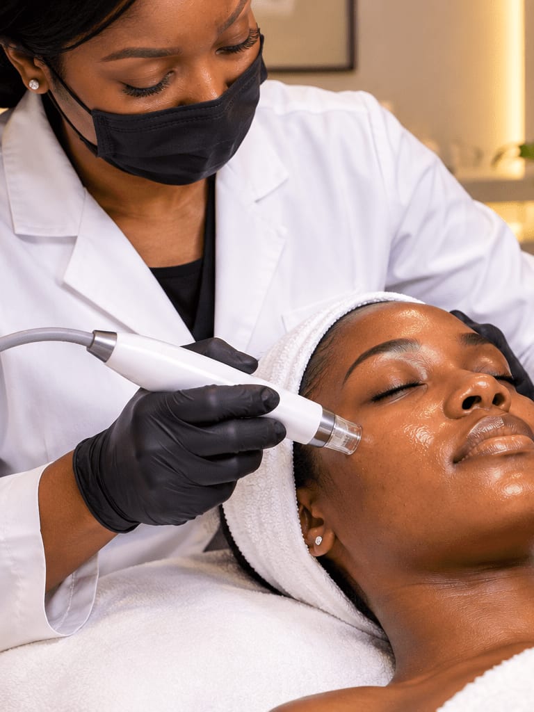 Aesthetician performing a device facial on a client at Skin Byoode