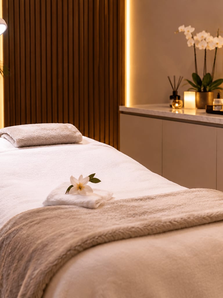 Calm Skin Byoode treatment room with a made-up bed, warm lighting and orchids