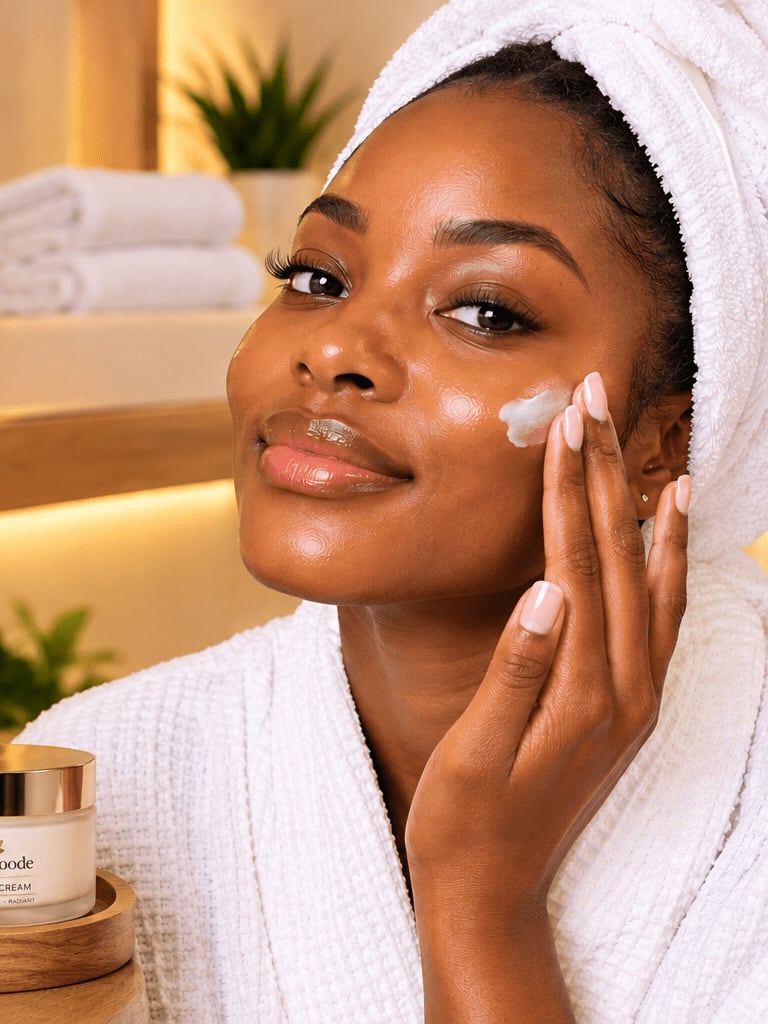 Smiling client in a towel wrap applying Skin Byoode cream, with Skin Byoode products