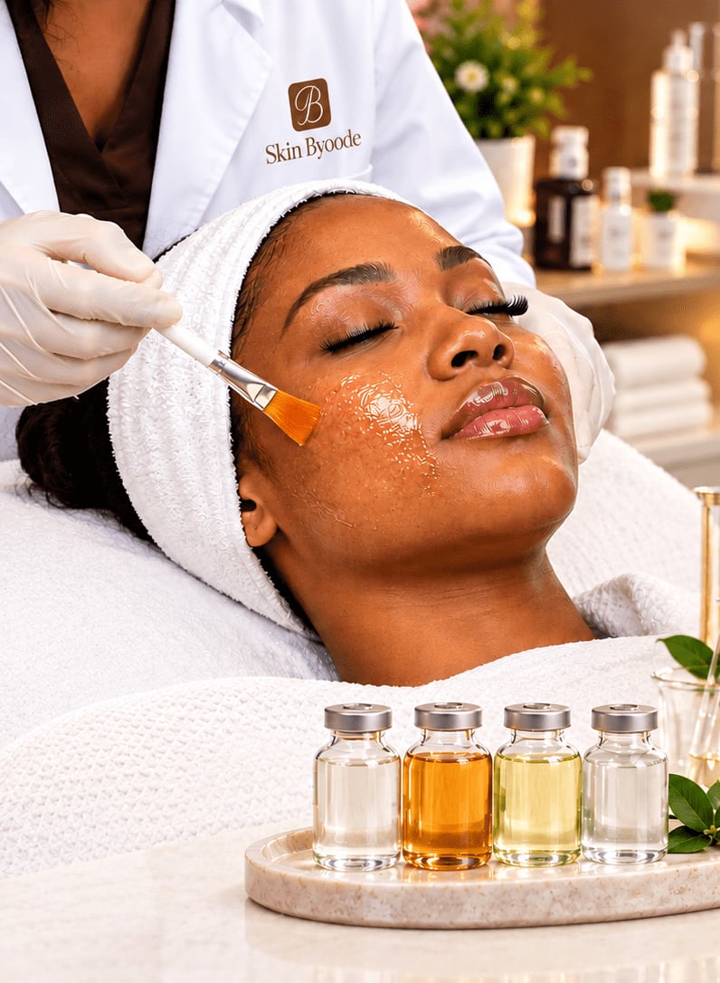 Aesthetician applying a derma cocktail peel with a brush to a client's face, peel vials on the counter