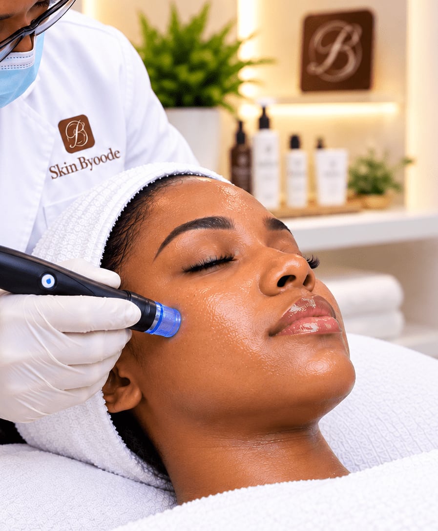 Hydra Facial: hydradermabrasion handpiece on a client's cheek