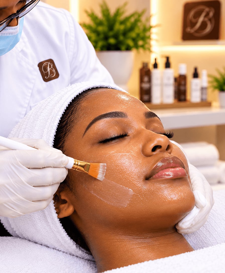 Brightening Facial: brightening treatment brushed onto a client's face