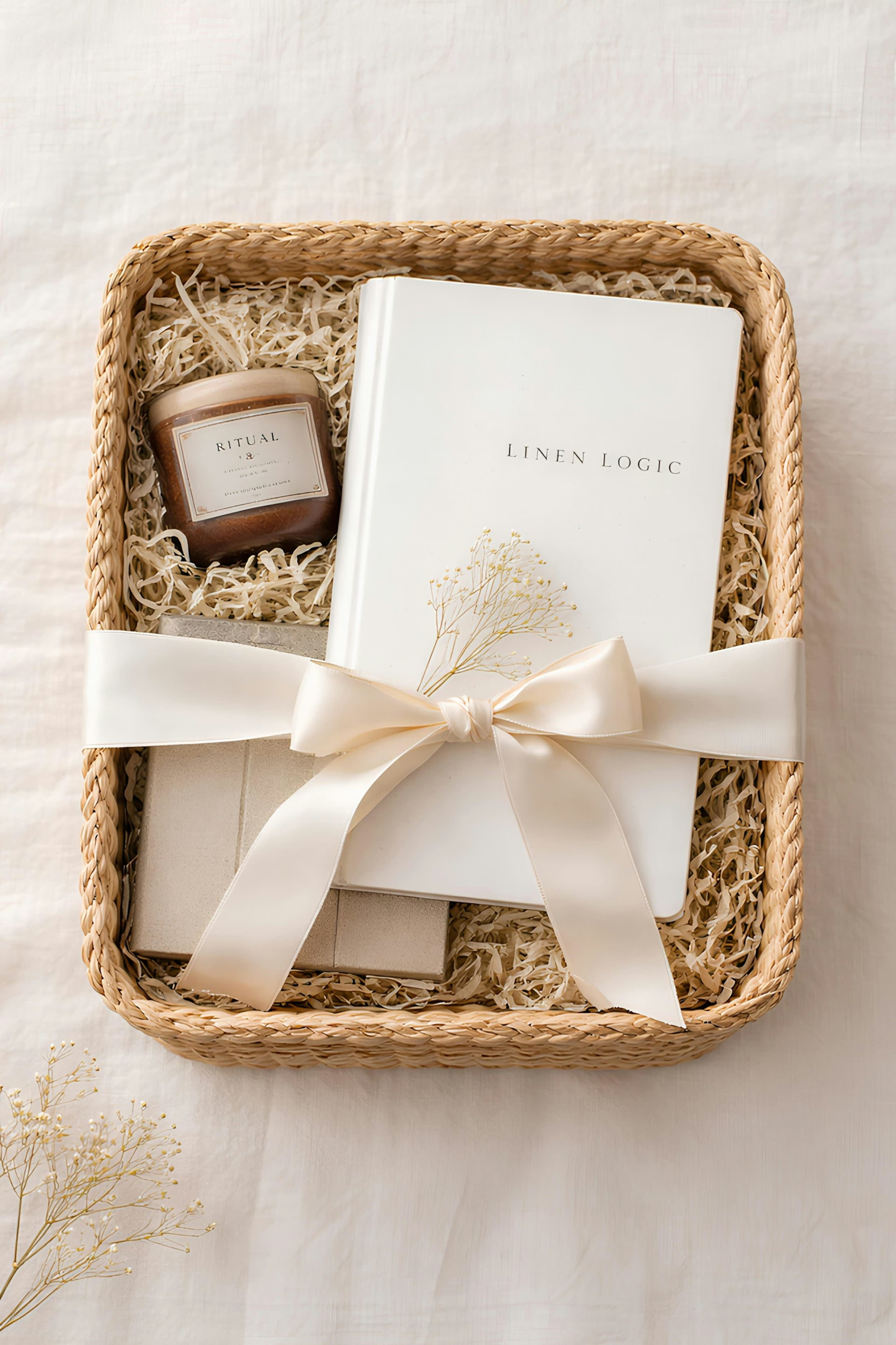 Woven gift basket with a candle and notebook tied with a cream satin ribbon