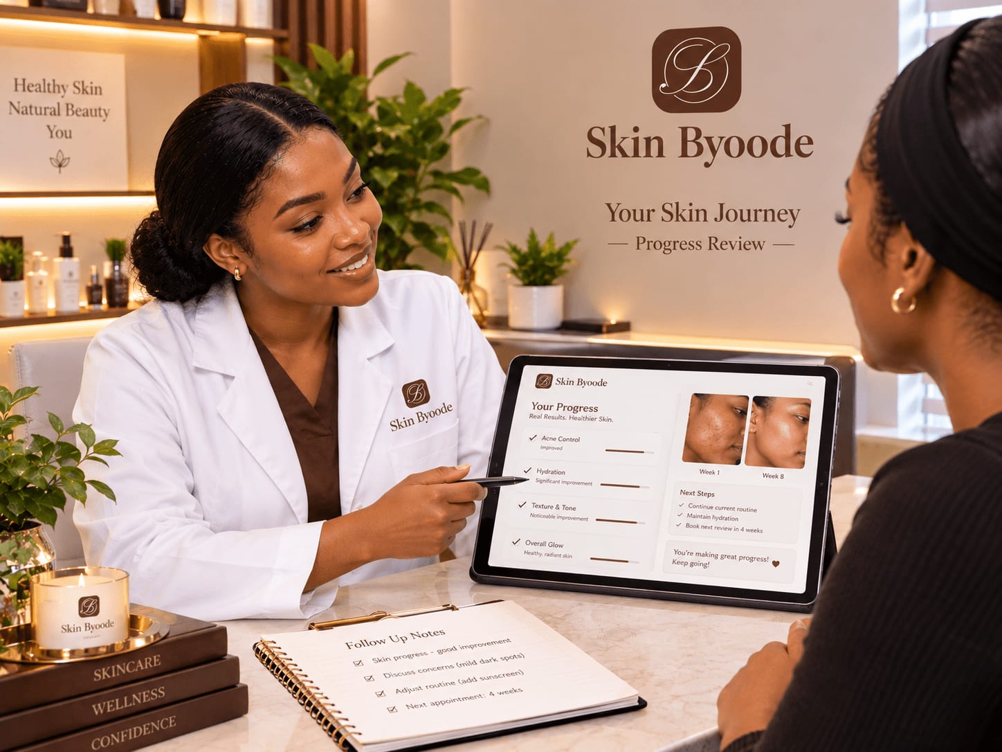Practitioner reviewing a client's skin progress on a tablet during a follow-up appointment