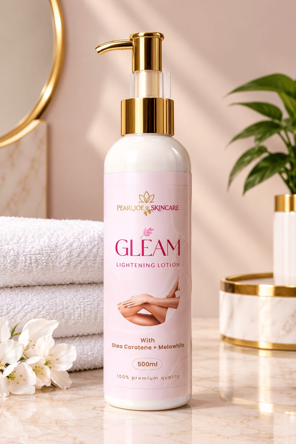 Gleam Lightening Lotion in a pink-labelled bottle with a gold pump beside folded towels and white flowers