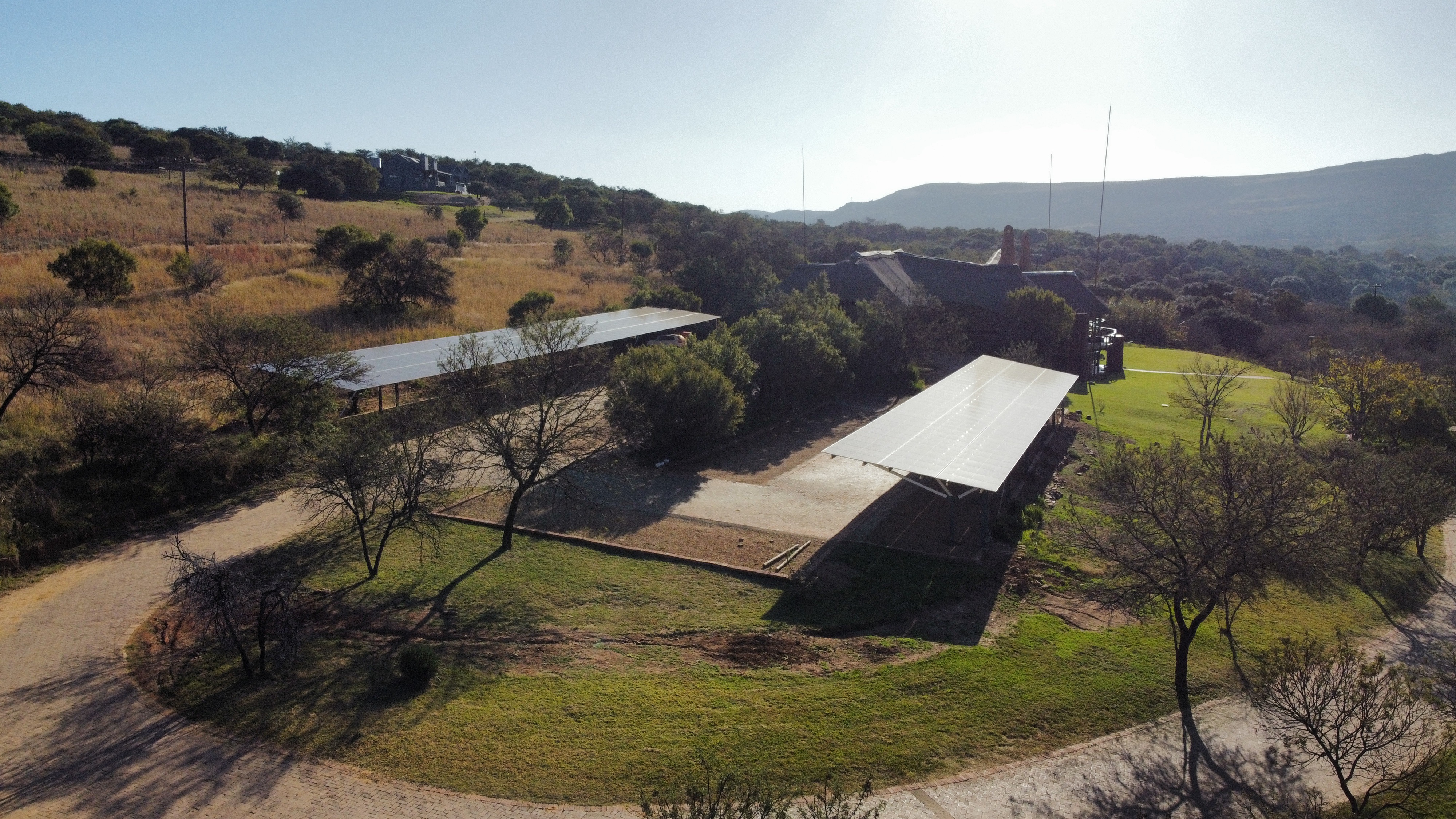 Aerial view of solar panels at African Hills