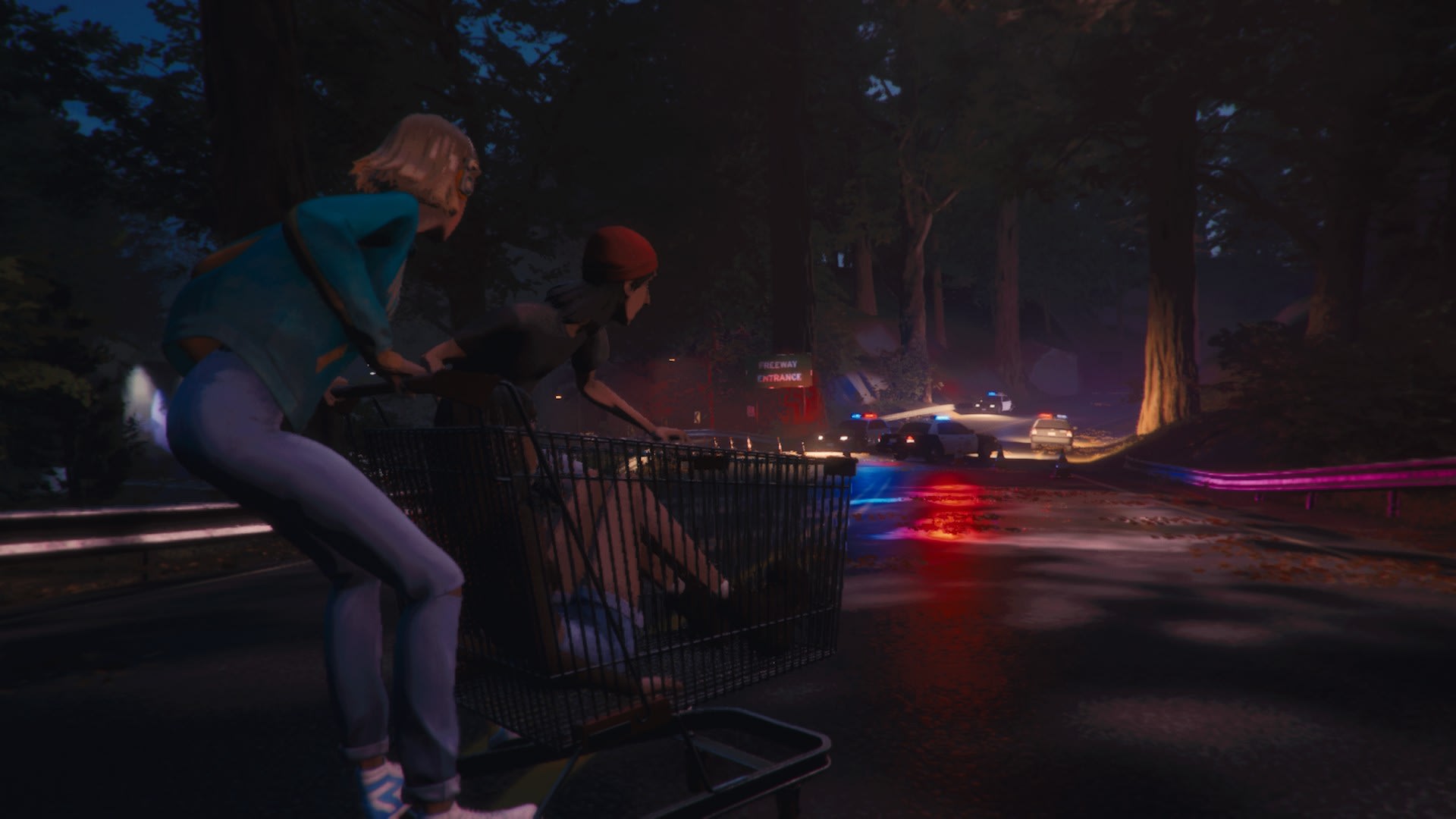 Stacy, Van et Cassandra pilotent un caddie de supermarché