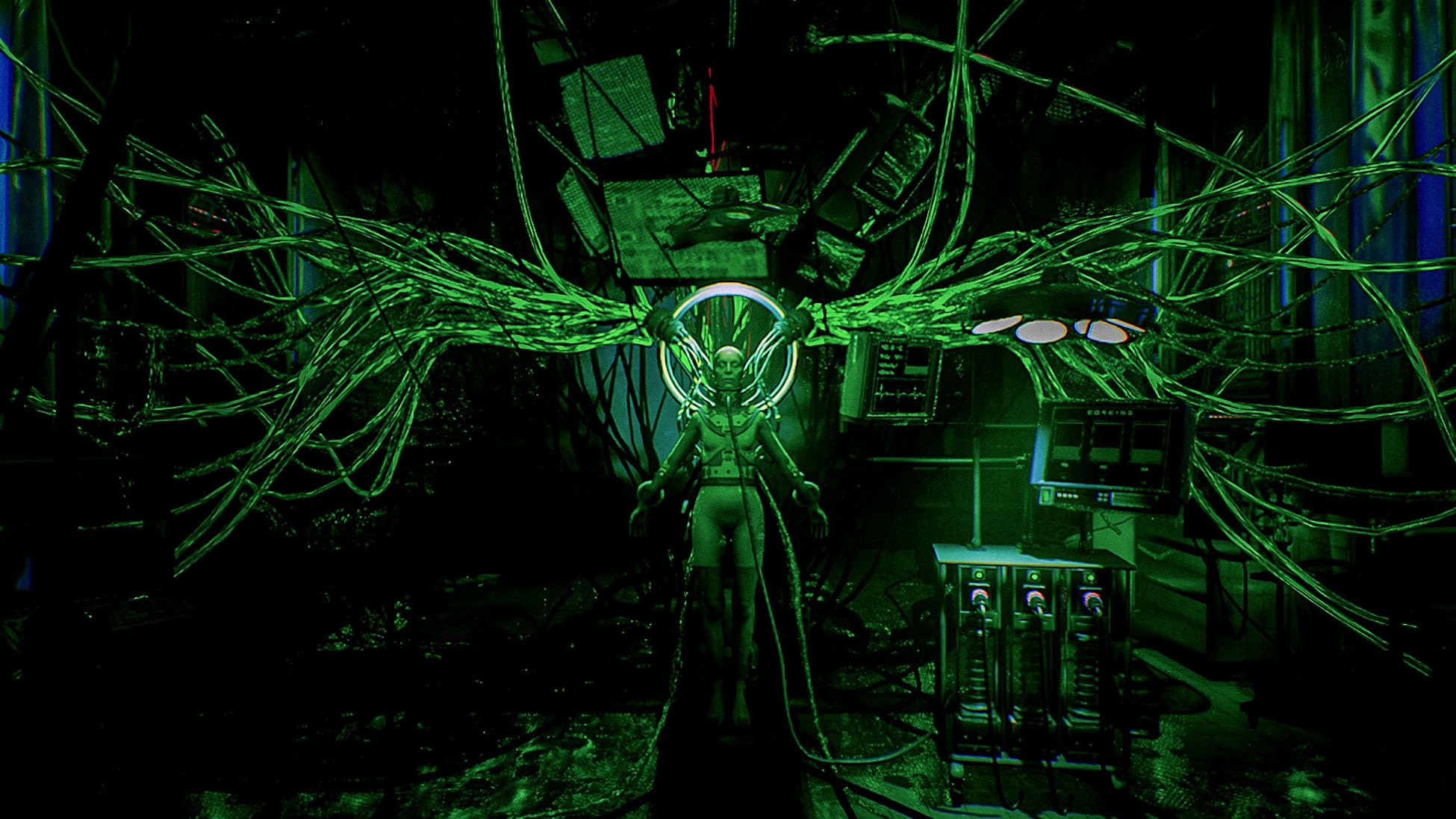 Environnement cyberpunk baigné de néons