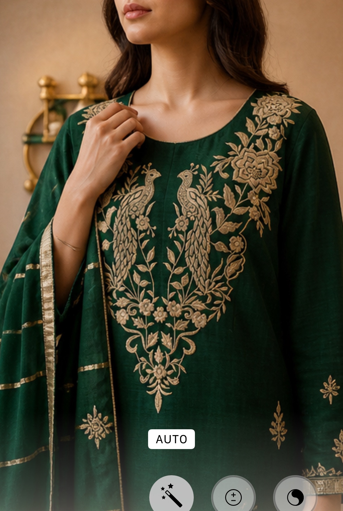 Emerald Green Viscose Silk Punjabi Suit with Golden Hand-Work — photo 1