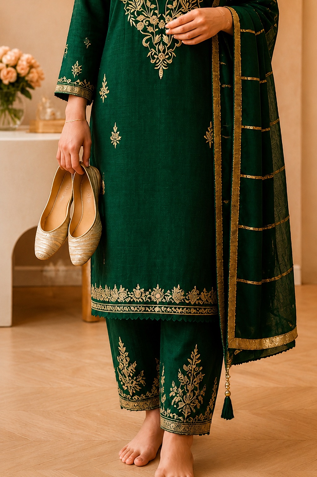 Emerald Green Viscose Silk Punjabi Suit with Golden Hand-Work — photo 2