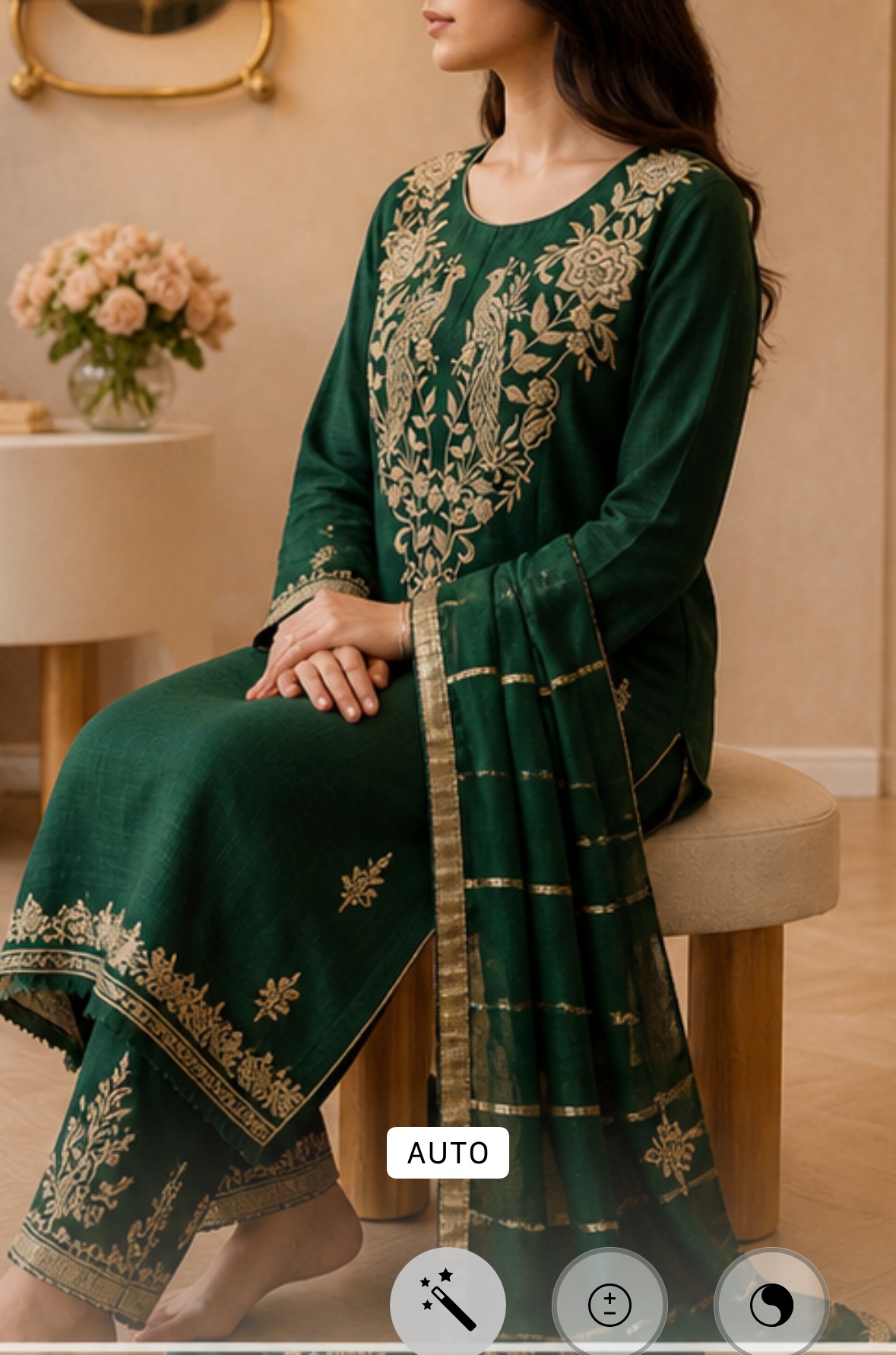 Emerald Green Viscose Silk Punjabi Suit with Golden Hand-Work — photo 3