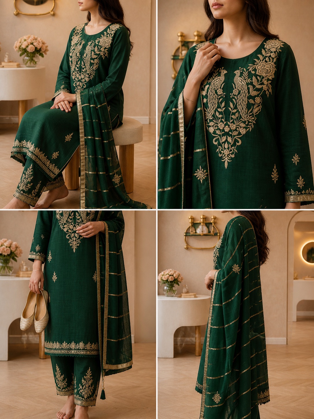 Emerald Green Viscose Silk Punjabi Suit with Golden Hand-Work — photo 4