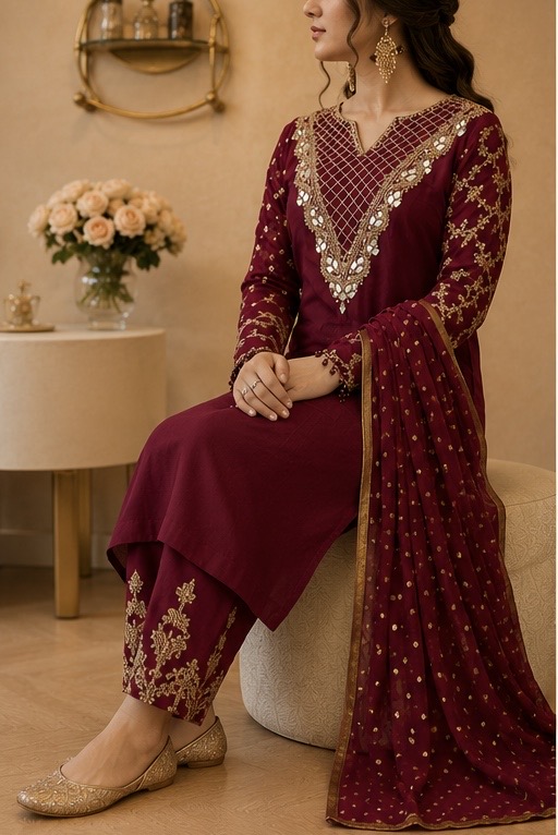 Maroon Silk Punjabi Suit with Mirror & Zari Work — photo 1