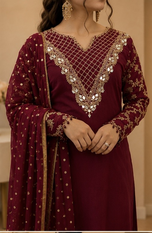 Maroon Silk Punjabi Suit with Mirror & Zari Work — photo 2